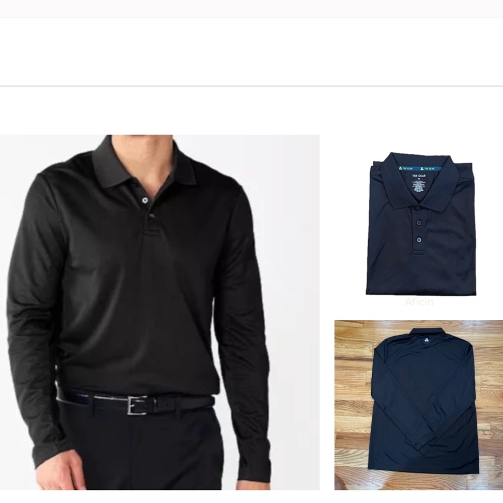 NEW Men's Tek Gear  Long Sleeve Polo Polyester Dress Shirt Black  Medium M